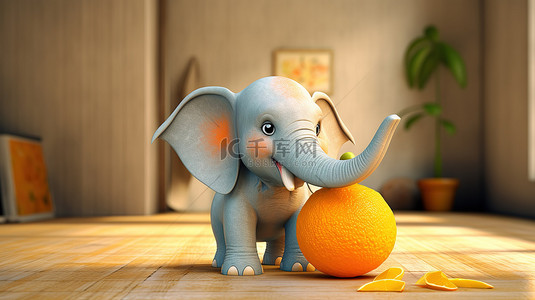 3d 大象高兴地抓住充满活力的橙色