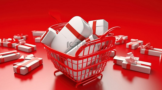 奖励支票背景图片_白色和红色背景购物篮中的 3D 渲染红色丝带奖金卡