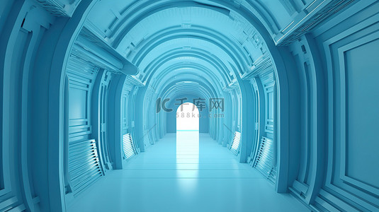 3d 渲染超现代走廊中的未来派蓝色拱门
