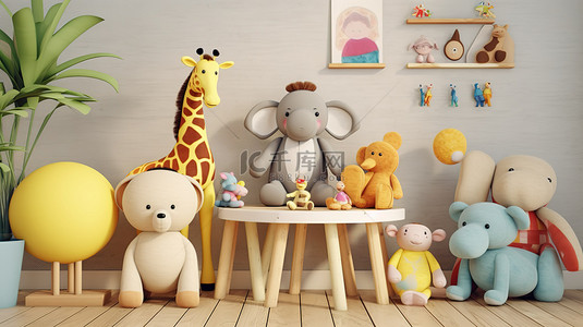 3D 渲染的一个有趣的儿童房间的插图，配有毛绒动物木凳和写字板