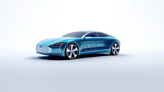时尚的混合蓝色汽车，适用于当代家庭 3D 渲染，在白色背景上带有地面阴影
