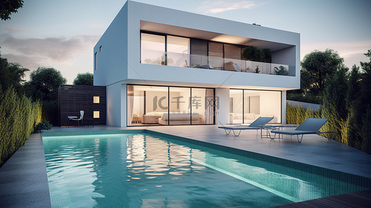 沙池背景图片_池畔完美 3D 渲染令人惊叹的现代住宅