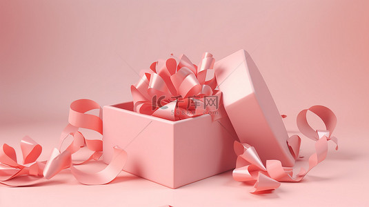 简约风格情人节销售概念隔离 3D 渲染开放式粉色礼品盒，柔和背景上带有丝带
