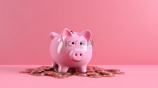 银行投资背景图片_省钱概念 3D 渲染粉色背景上装满美元硬币的粉色存钱罐