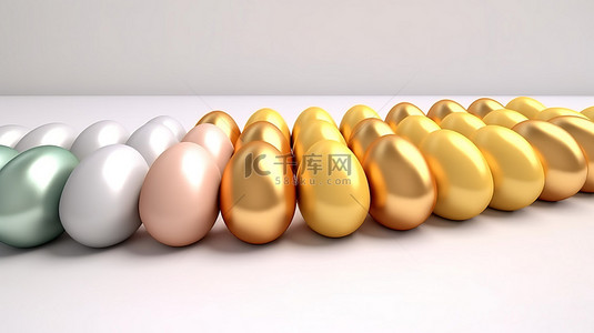 白蛋托盘上优雅的金色鸡蛋，3D 渲染中的简约复活节和圣诞节概念