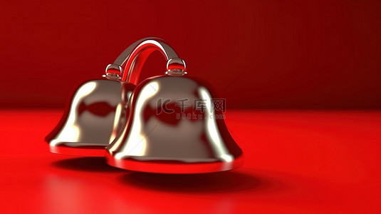 纯红背景图片_3D 渲染的红色圣诞钟装饰在纯红色背景下设置