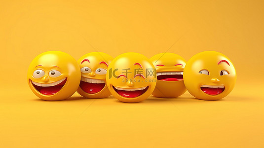 黄色背景下五个舌头粘贴表情符号的全景 3D 渲染
