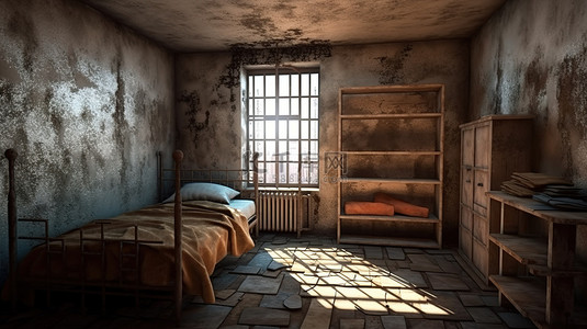 废弃监狱牢房的 3D 渲染，配有生锈的木床和小型铁栅窗