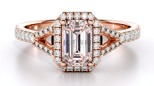 戒圈订婚戒指上带有玫瑰金光环和副石的祖母绿切割主石的 3D 渲染