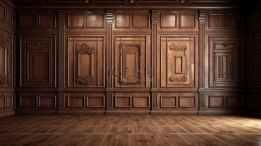 经典 3D 渲染中的室内细木工复古橡木板