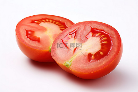 两块切开的橙子背景图片_白色背景上切开两个西红柿