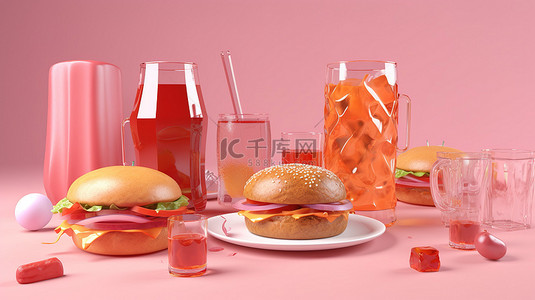 美式早餐和快餐的 3d 插图设置在充满活力的粉红色背景极简主义设计模板上