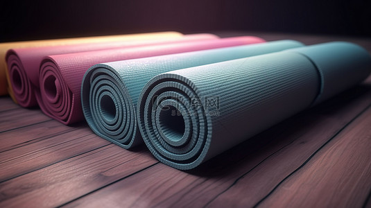 游戏地垫门垫背景图片_地板上装饰着色彩鲜艳的瑜伽垫 3D 效果图