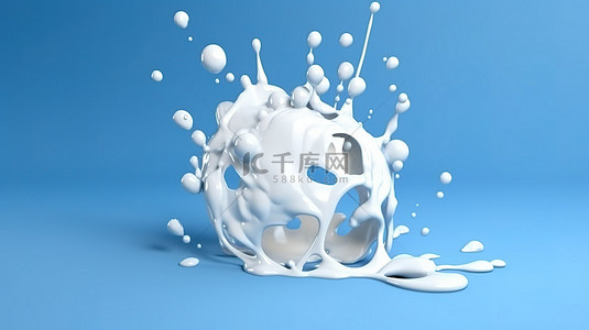 渲染 3D 飞溅的牛奶滴隔离在蓝色背景