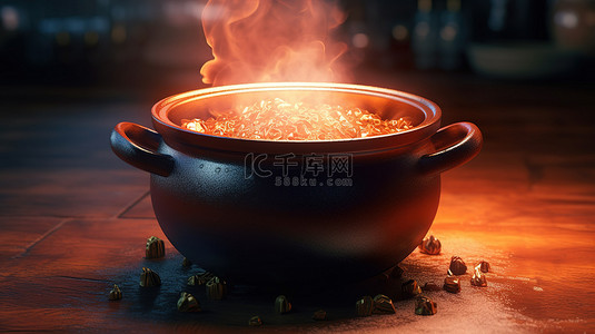 发光的加密大锅 3D 渲染火热的烹饪和货币