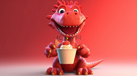 有趣的 3D 红色恐龙人物和美味的纸杯蛋糕