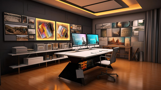 网络工作室背景图片_图形设计工作室网站构建器的 3D 渲染