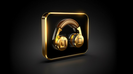 3D 渲染黑色方形按键，带有金色耳机图标完美 ui ux 元素