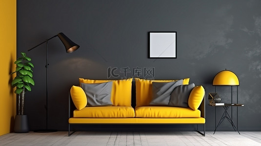 现代深色内饰，带有特写模型框架和 3D 渲染的互补黄色沙发