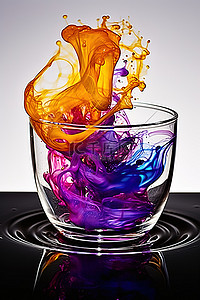 盘子上各种液体的紫色和黄色漩涡