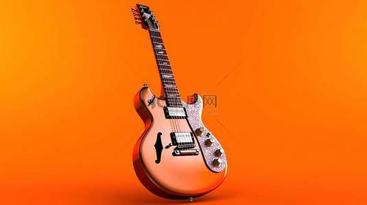 3D 渲染单色吉他在充满活力的橙色背景下