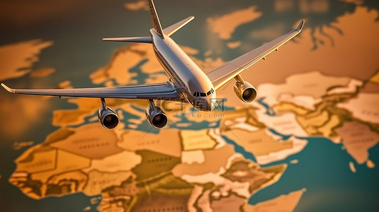 商务背景全球背景图片_乘飞机探索世界 3D 渲染飞机游览全球各地，并带有旅行计划别针