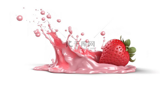 草莓牛奶酸奶飞溅在白色上，以 3d 形式说明
