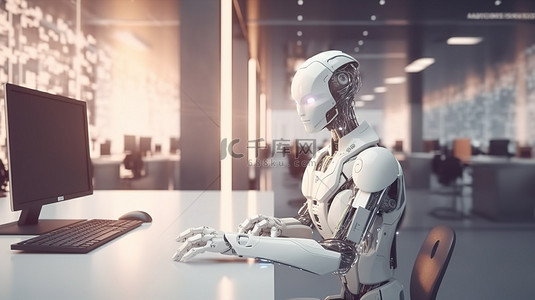 你好愚人节背景图片_来自未来 3D 渲染机器人的问候欢迎您来到自动化办公室
