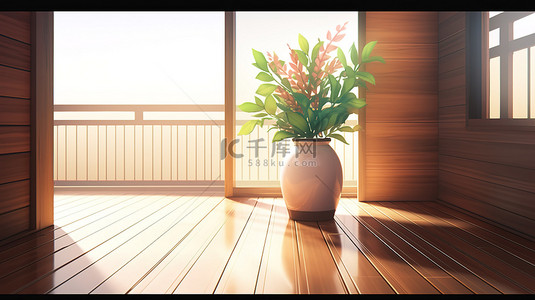 房子植物背景图片_带木地板和植物花瓶的现代空房间 3D 渲染
