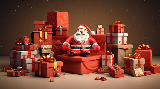 红色礼包背景图片_圣诞老人装饰圣诞礼物的 3d 渲染
