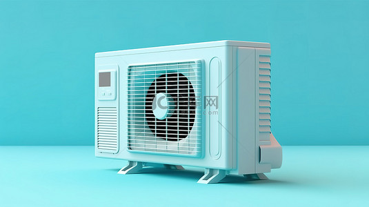 蓝色背景的 3d 渲染，具有带窗户的室外和室内空调机组