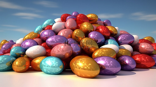 集合色彩背景图片_用 3D 渲染创建的一堆充满活力的复活节彩蛋集合