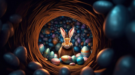 复活节兔子背景图片_复活节兔子耳朵从蛋形孔中窥视的 3D 渲染