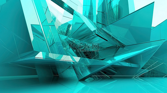 现代几何建筑未来绿色和蓝色技术设计的 3D 渲染