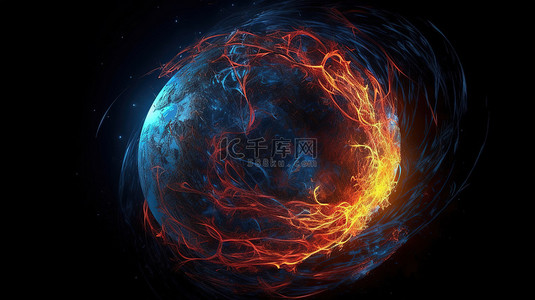 地球粒子科技背景图片_3d 渲染中带有霓虹星云和漩涡的宇宙地球部分