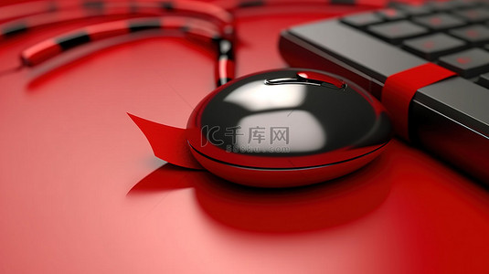 新年红带背景图片_带鼠标手光标的红色新年按钮的 3D 插图