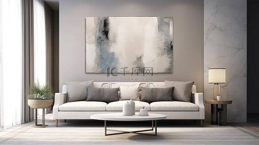 别致的灰色沙发和抽象墙壁艺术时尚的客厅 3D 渲染