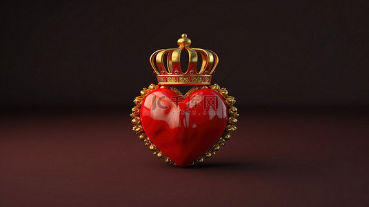 富丽堂皇的 3D 渲染图像闪闪发光的皇冠装饰着充满活力的红心