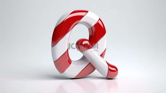 红色背景条纹背景图片_3d 渲染的糖果手杖标志，白色背景上带有问题符号，具有红色和白色线条