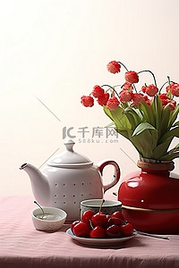 一些红樱桃和茶壶