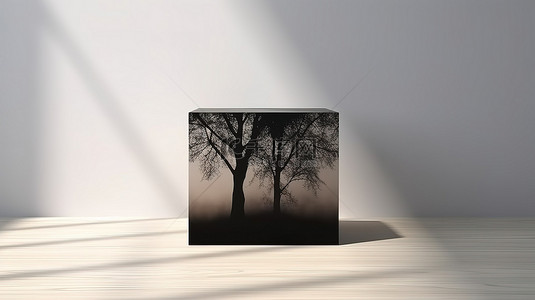 小礼品样机背景图片_黑色木箱模型的 3D 渲染在白桌上投射出树木的阴影