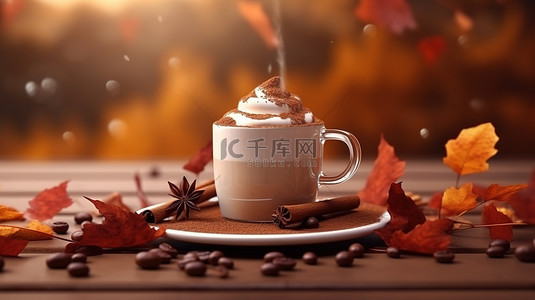 秋季灵感饮料 3D 渲染杯卡布奇诺加巧克力和肉桂