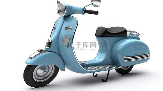 3D 渲染白色背景，带有复古蓝色电动或经典老式摩托车，旁边是袖珍计算器