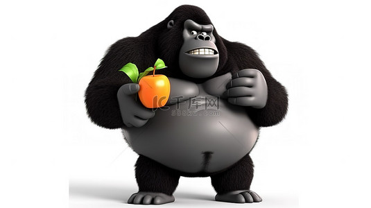 有趣的 3D 超重大猩猩拿着苹果并通过扬声器进行交流