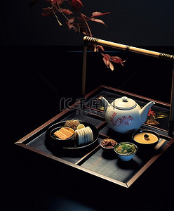 筷子背景图片_深色托盘里有茶和食物