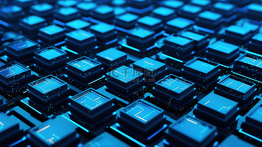 蓝色背景，数据单元在 3D 渲染中描绘分布式区块链技术