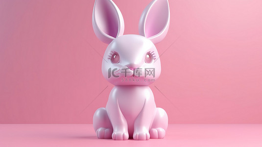 白兔子背景图片_粉红色背景在 3D 渲染插图中展示了一个可爱的兔子玩具
