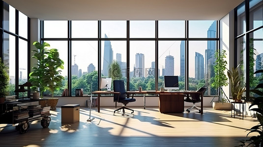 现代工作空间，配有电脑桌和宽敞的玻璃窗，采用 3D 渲染的办公环境