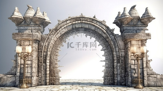 中世纪大门背景图片_带有中世纪石拱门和金属格子的城堡入口的 3D 渲染