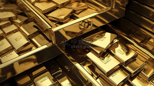 堆放在开放式银行保险箱内的金条的极端特写视图的 3D 渲染